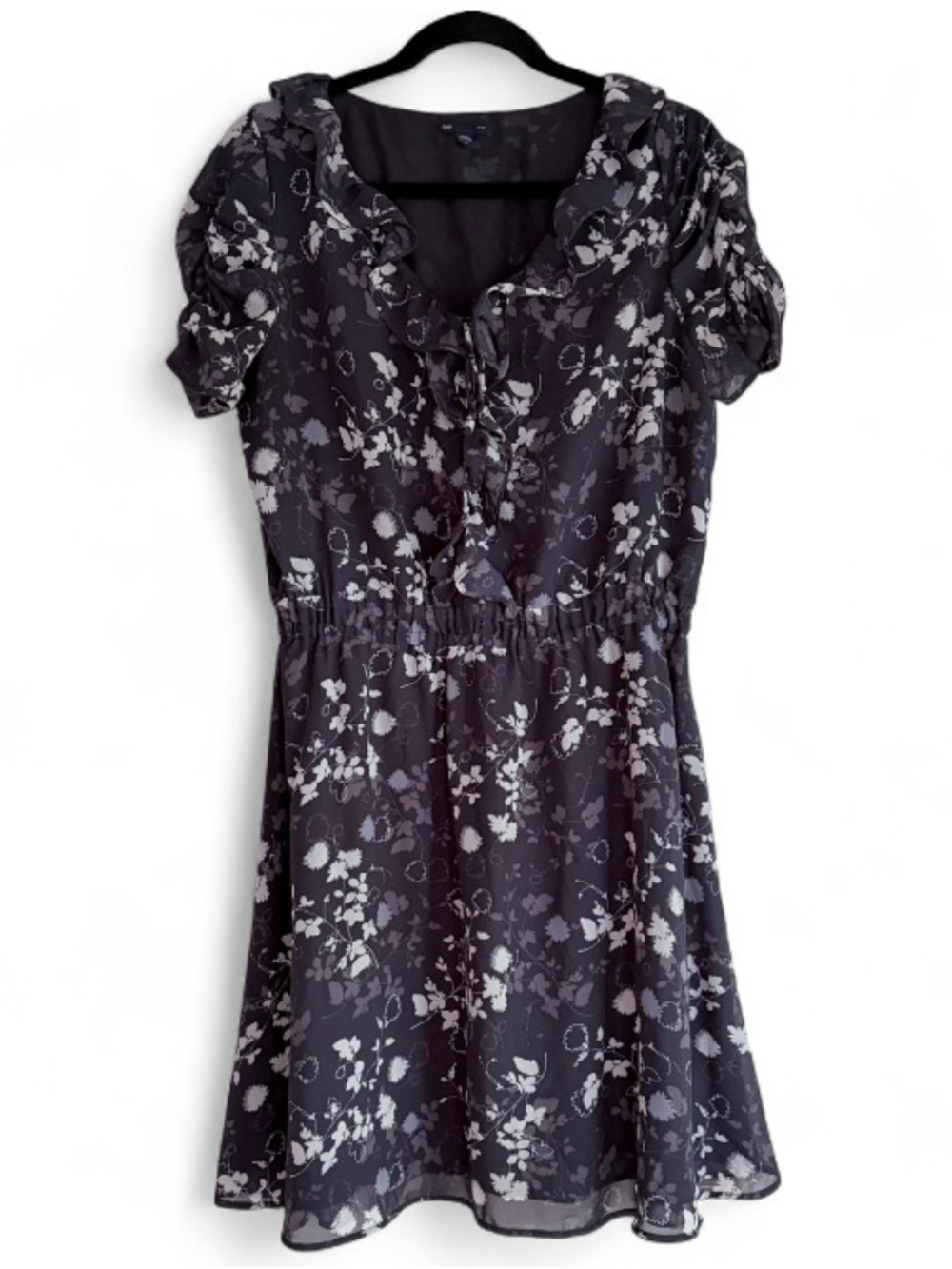 Gap Navy Blue Floral Ruffle Neck Chiffon Dress Size L